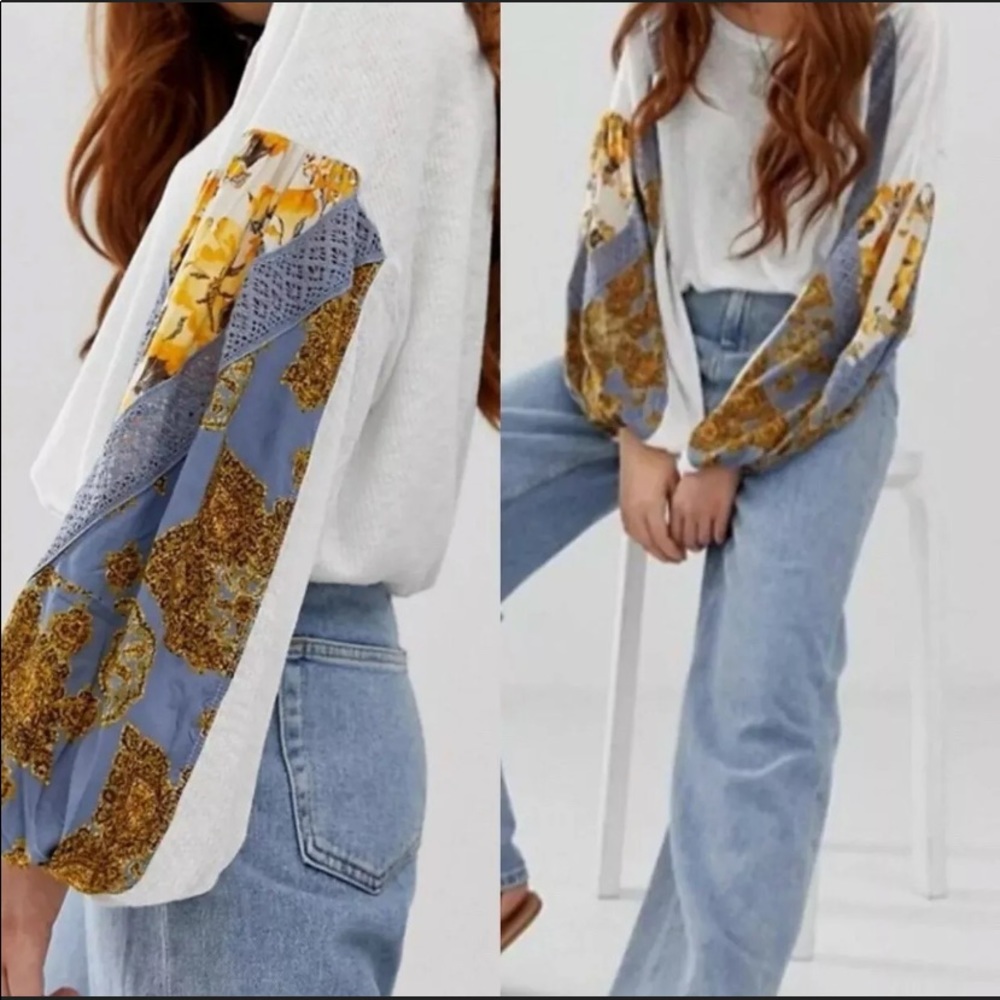 Free People | Blossom Balloon Sleeve Thermal Ivory Blue Pattern Medium